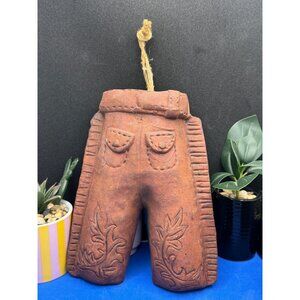 Vintage Handmade Terracotta Hanging Clay Western Cowboy Chaps Wall Pocket w/Rope